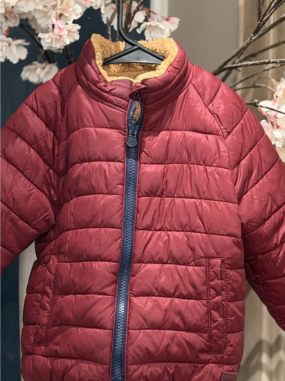 GAP Kids Burgundy Puffer Jacket with Navy Trim